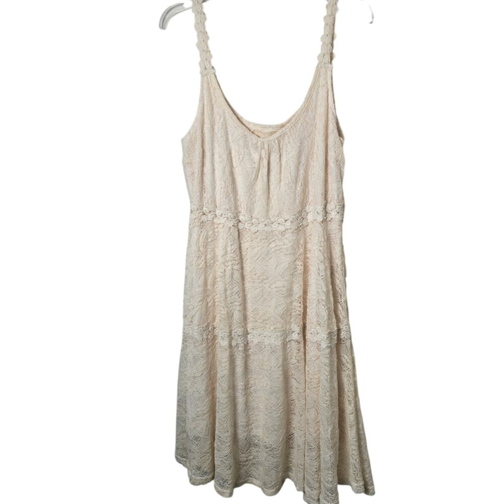 A'reve Cream Crochet Lace Bohemian Cottagecore Peasant Tiered Dress Fairy Core L - Picture 2 of 16